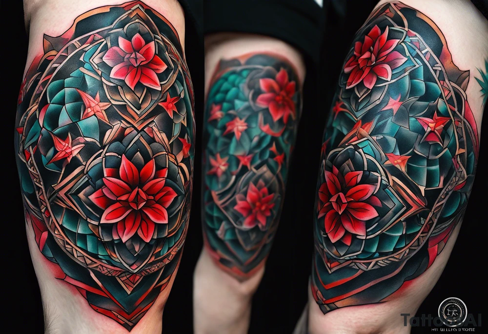 Dillon Forte Knee tattoo with tints of red and sacred geometry tattoo idea