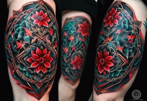 Dillon Forte Knee tattoo with tints of red and sacred geometry tattoo idea