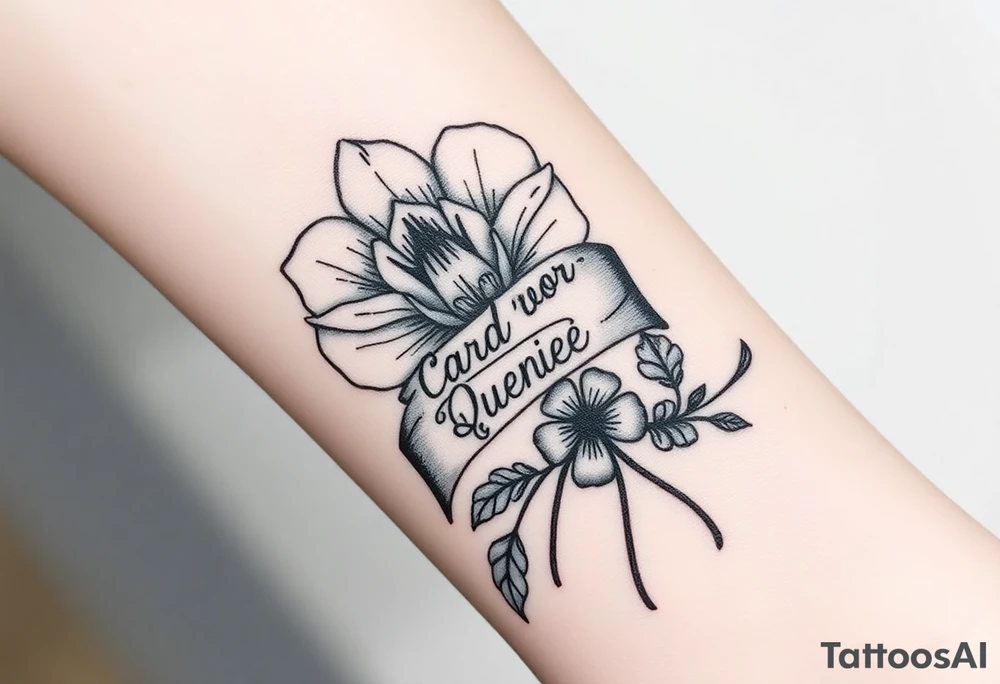 A beautiful flower with a card queen sign and a ribbon tied around the flower with queenie written on it joined by a  star and a four leaf clover tattoo idea
