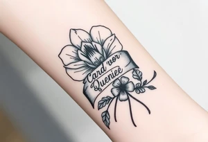 A beautiful flower with a card queen sign and a ribbon tied around the flower with queenie written on it joined by a  star and a four leaf clover tattoo idea