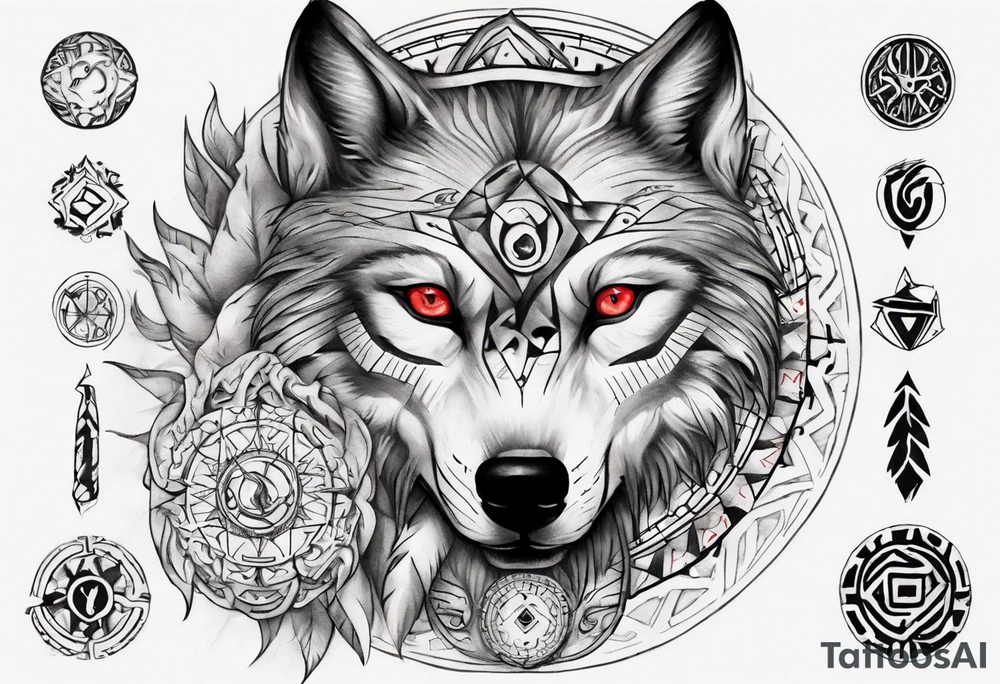 want a half sleeve on my left forearm featuring a side profile of wolf with a vegvisir for its eye and red eye, surrounded by Māori patterns tattoo idea