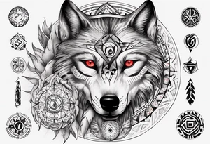 want a half sleeve on my left forearm featuring a side profile of wolf with a vegvisir for its eye and red eye, surrounded by Māori patterns tattoo idea
