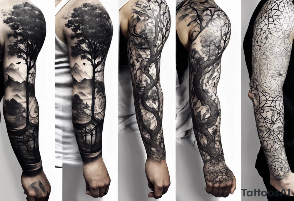 full arm sleeve tattoo with tree of life tattoo idea