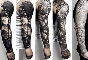 full arm sleeve tattoo with tree of life tattoo idea