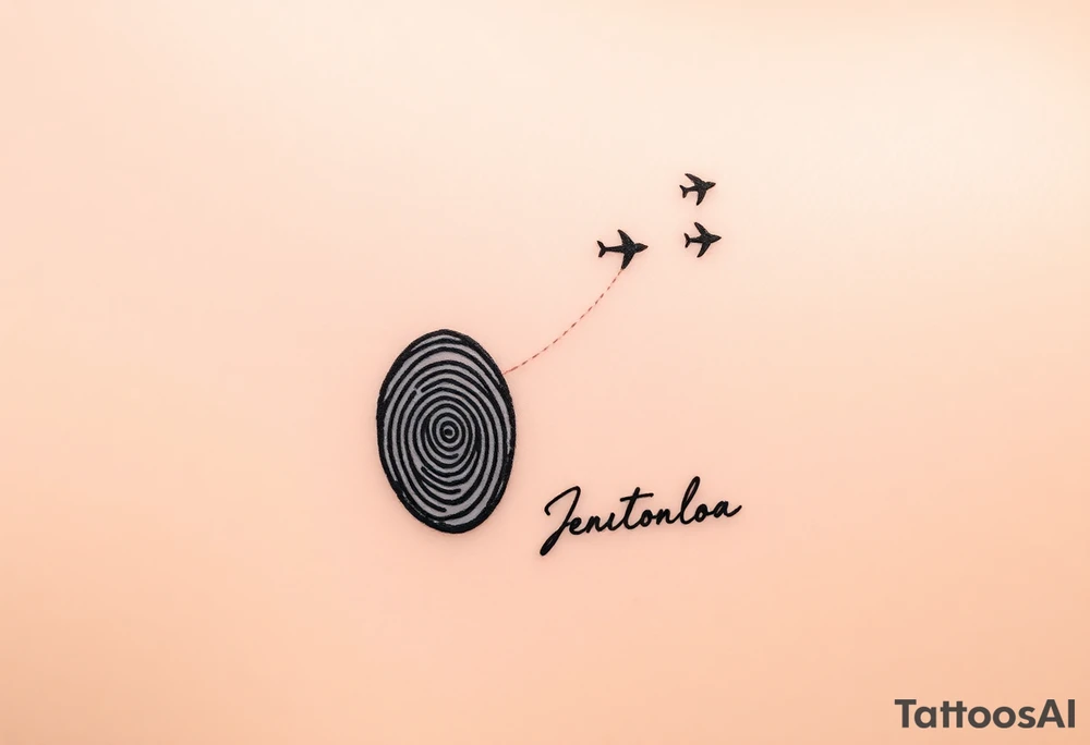 Memorial tattoo a fingerprint becomes a balloon or kite, tethered with a thin string to the signature below. Small planes rise from it, flying toward the top right.

Signature: Styled as if it’s holding the string tattoo idea