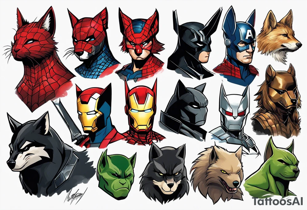 I want to change Avengers Team characters with animals. Hulk will be Badger, Thor will be Alpha Grey Wolf, Captain America will be Bull, Iron Man will be Canary, Black Widow will be Axolotl, Hawk Eye will be Sudan Plated Lizard and Nick Fury will be Cat. tattoo idea