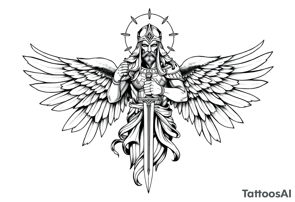 Holy Archangel, Biblical, Christianity, Hebrew, Guards of Christianity, Holding a sword, having six wings, wearing helmet, halo, seraphim, seek justice, walk only with God tattoo idea