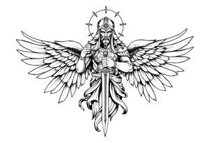 Holy Archangel, Biblical, Christianity, Hebrew, Guards of Christianity, Holding a sword, having six wings, wearing helmet, halo, seraphim, seek justice, walk only with God tattoo idea