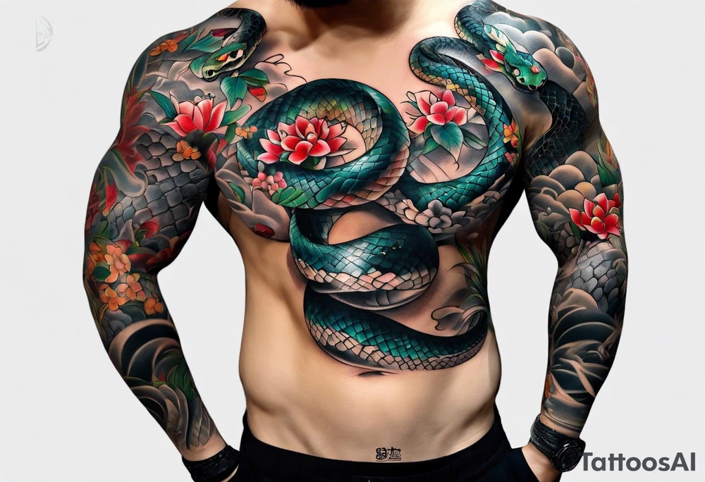 sleeve tattoo of a snake with Japanese designs tattoo idea