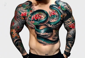 sleeve tattoo of a snake with Japanese designs tattoo idea