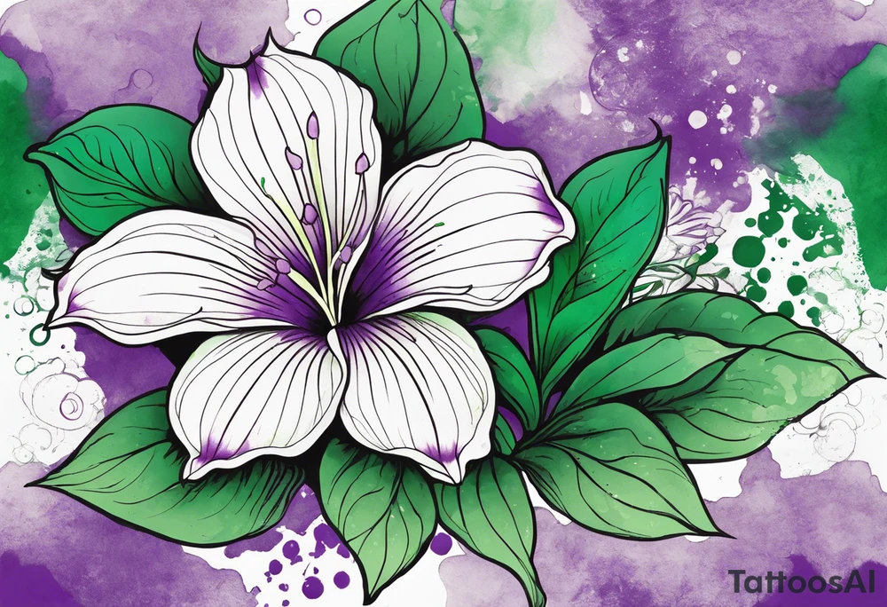 An outline of a green and purple rio dipladenia flower with a mystical green/purple watercolor splash in the background tattoo idea