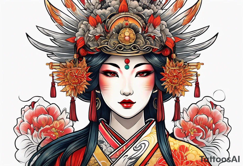 Japanese sun goddess Amaterasu with headdress tattoo idea