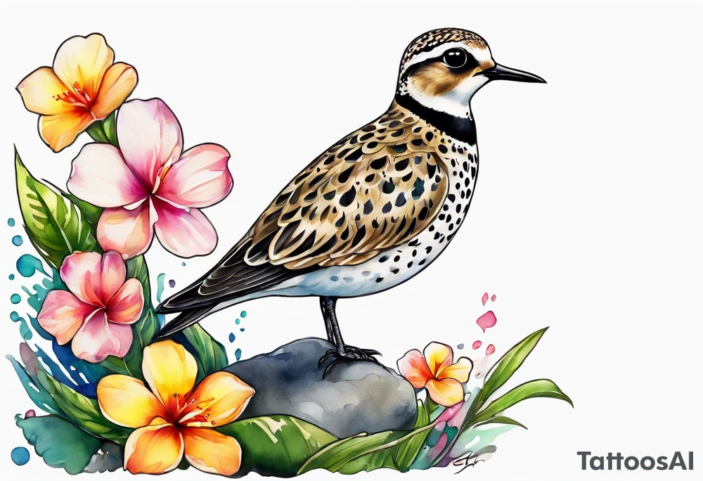 Pacific golden plover with Hawaiian flowers tattoo idea