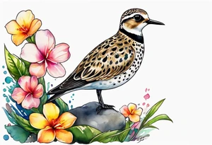 Pacific golden plover with Hawaiian flowers tattoo idea