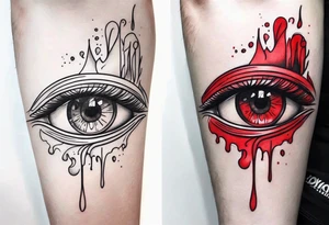 Bleeding tear flows to down from red eye sleeve tattoo design tattoo idea