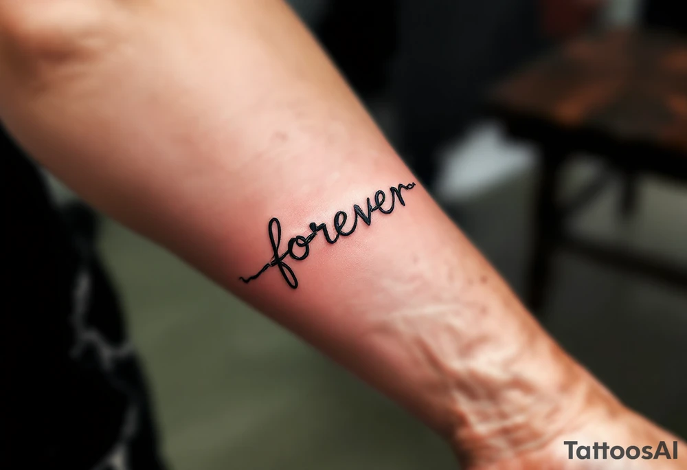 A delicate chain spelling "forever" in soft gray, with a tiny broken link near the end. tattoo idea