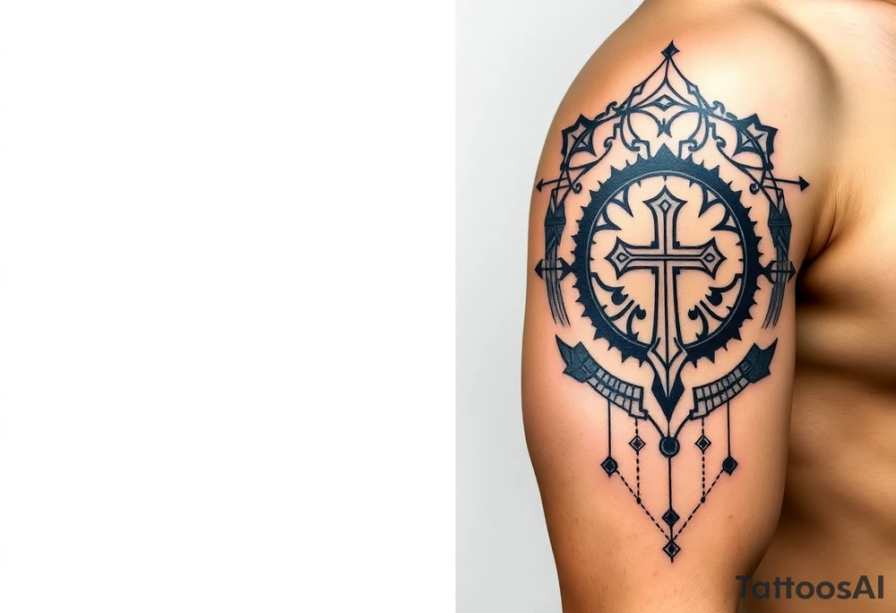 Cover right arm from shoulder to elbow, front and back.
Style is geométricas and tribal. Include healthy and wellness symbols, making a connection between the symbols. Include hearts and names of son and daughter small hidden in the symbols: Isabela, Gabriel, Laura.
Include cross
Draw should cover entire area. Full sleeve style tattoo idea