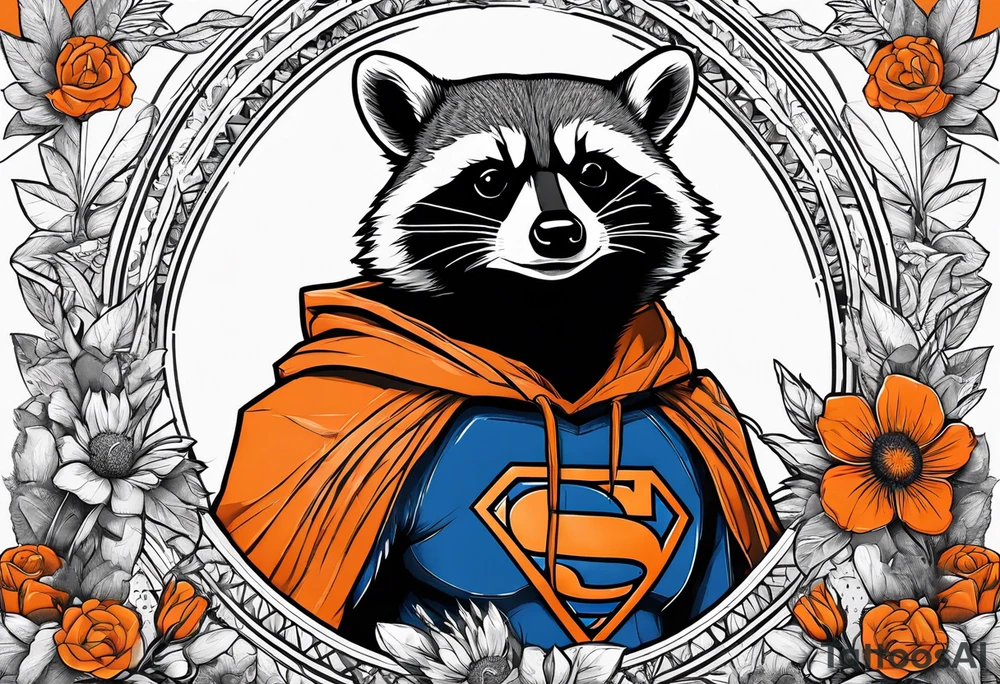 raccoon wearing a Superman hoodie with orange flowers tattoo idea