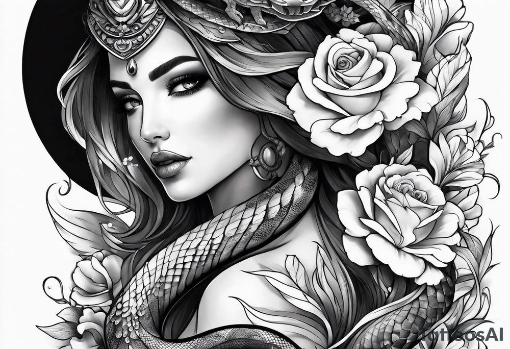 Arm tattoo with a snake and pretty flowers and smoke tattoo idea