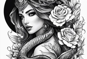 Arm tattoo with a snake and pretty flowers and smoke tattoo idea