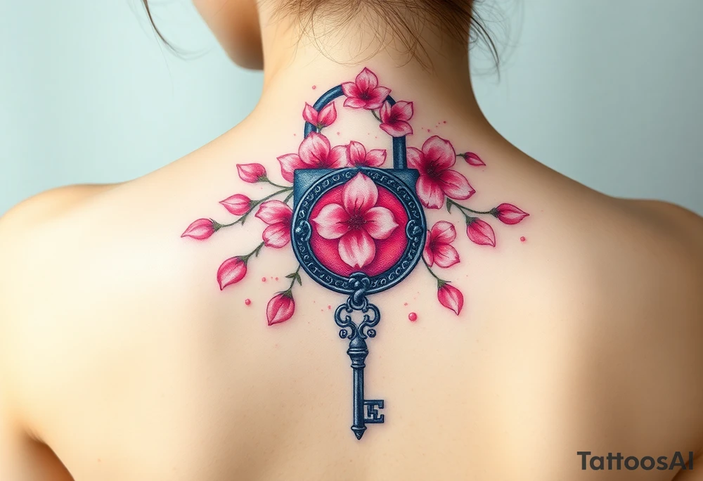 A cherry blossom lock with pink petals gently falling around it, with an intricately designed silver key flowing below unattached to the lock tattoo idea