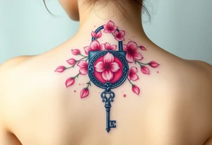 A cherry blossom lock with pink petals gently falling around it, with an intricately designed silver key flowing below unattached to the lock tattoo idea