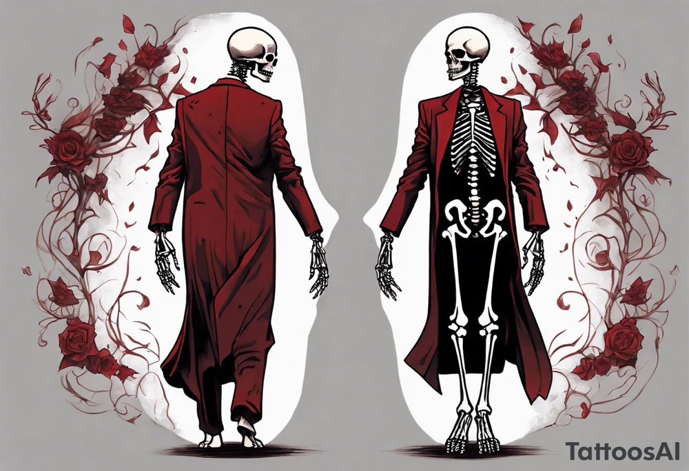 A 2D tattoo design of a skeletal figure, imbued with subtle hints of dark red, walking away in an elegant dark red and black suit. The skeleton's robe trails on the ground, reflecting a somber yet dignified departure. Visible parts of the skeleton, peeking through the suit, are detailed with red accents, blending the essence of life and afterlife. The design captures the left side profile of the skeleton, embodying both the grace of the attire and the starkness of the skeletal form tattoo idea