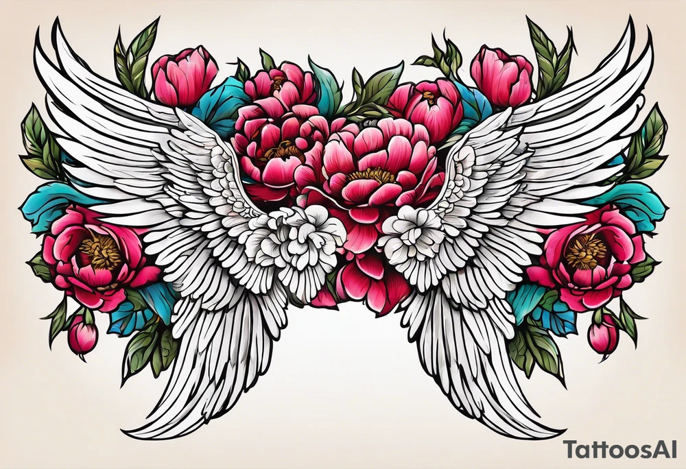beautiful angel wings with colorful, peonies. beautiful flilligree in the background , full color, traditional old school , white background tattoo idea