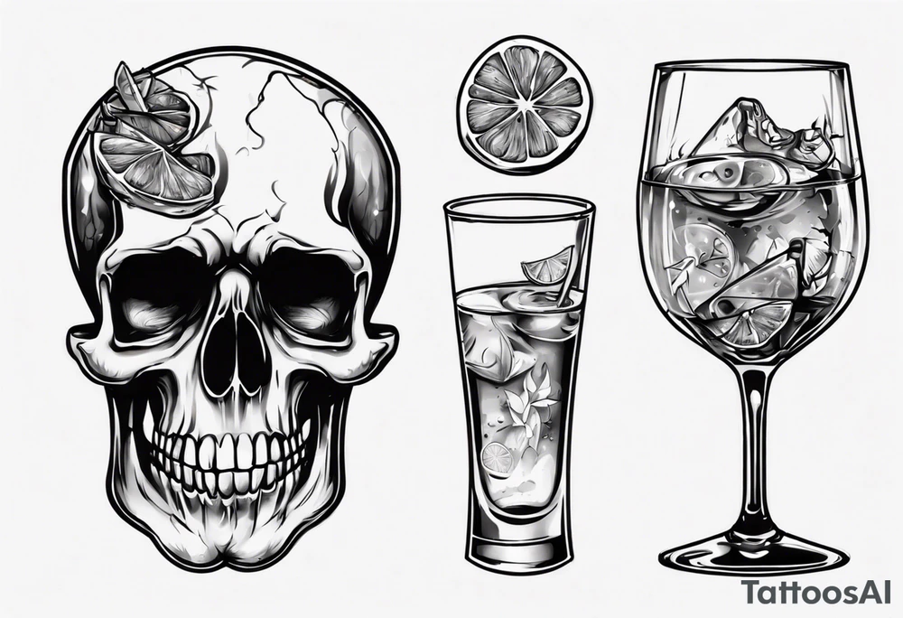A scull inside the glass with alcohol and piece of lime tattoo idea