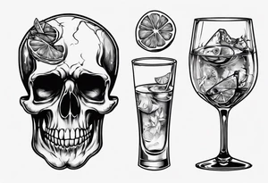 A scull inside the glass with alcohol and piece of lime tattoo idea