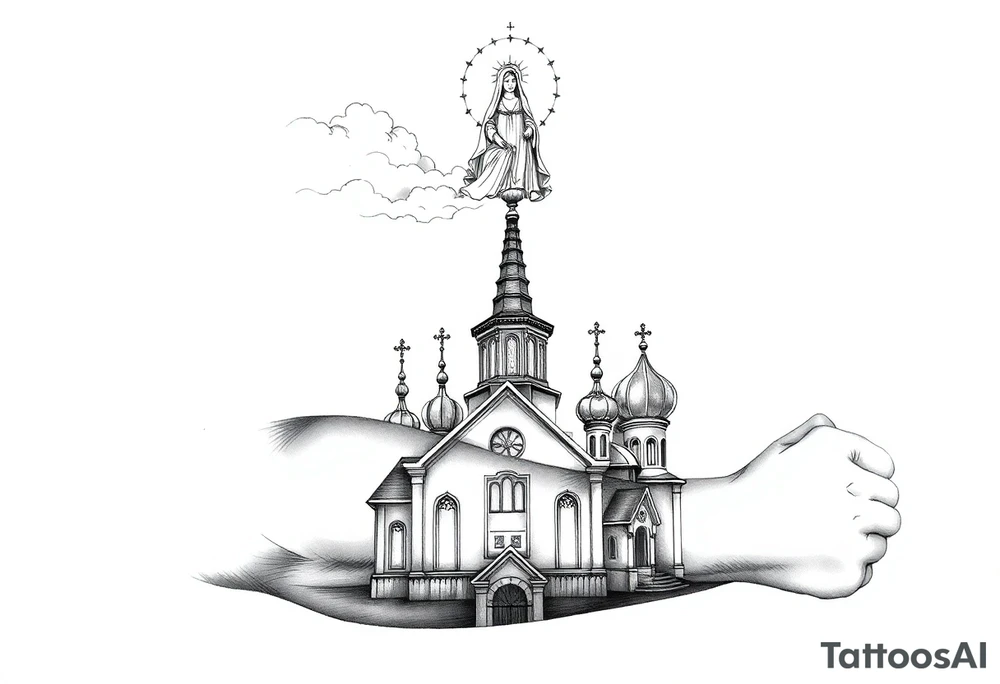 Russian Orthodox church with orthodox spire crosses, with clouds above it and a virgin mary seperately over looking sat above tattoo idea