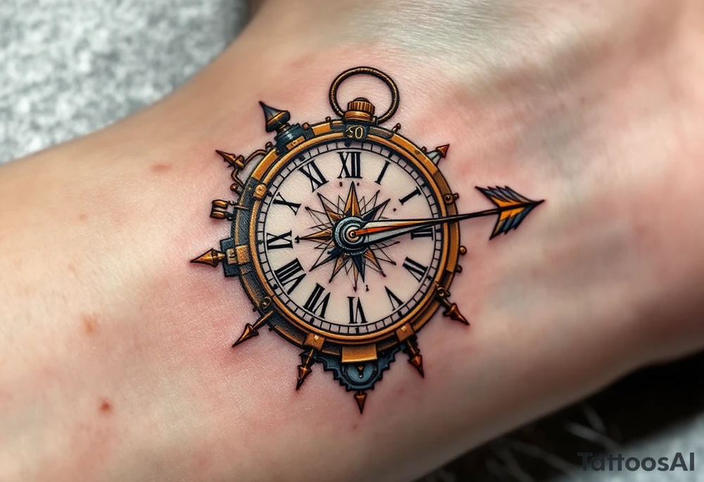 steampunk half compass half clock with a full length arrow pointing at my wrist and saying "Isaiah 40:31" tattoo idea