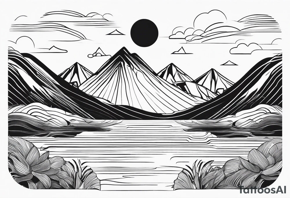 Line art one line minimalist sun mountain water tattoo idea