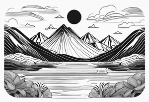 Line art one line minimalist sun mountain water tattoo idea