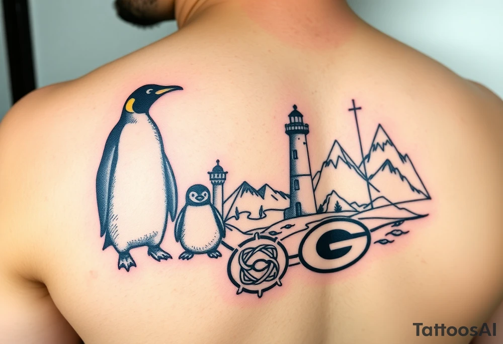 half sleeve compilation outlining important things in my life such as one adult emperor penguin and 3 baby penguins, celtic trinity knot, lighthouse, mountains/nature, the green bay packers, and something to represent my 3 boys tattoo idea