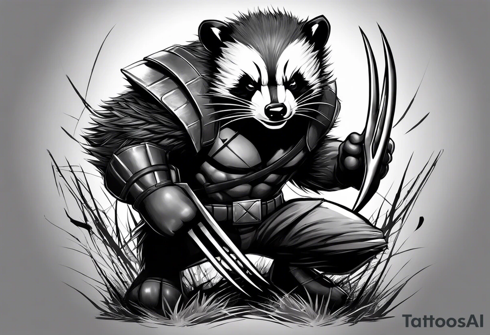 Draw me badger/wolverine with aggressive full body show, killer face with cute smile, very long nails and he attacks like a Turkish Soldier to enemy and also he has very deadly looking. The only weapon is his braveness he fights with his nails. tattoo idea