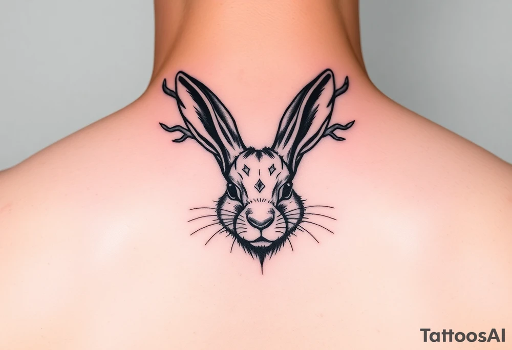 abstract jack rabbit with antlers coming out from its head, between the ears tattoo idea