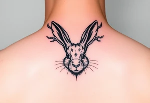 abstract jack rabbit with antlers coming out from its head, between the ears tattoo idea