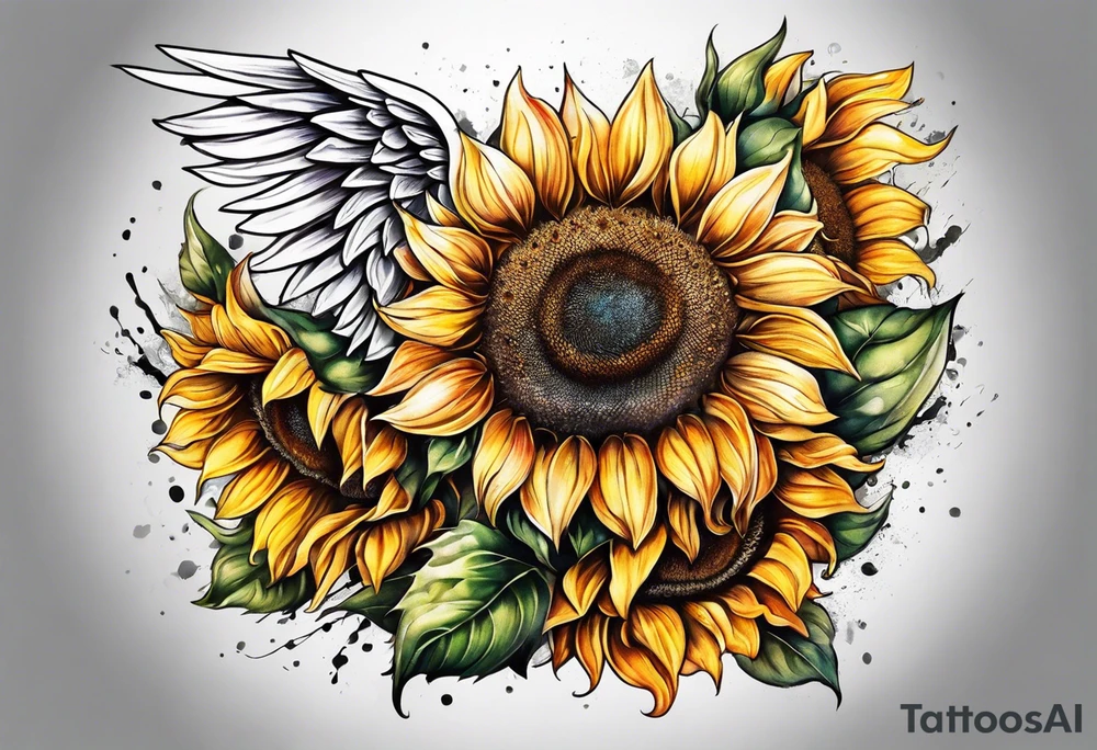 Sunflowers and angel wings leg sleeve tattoo idea