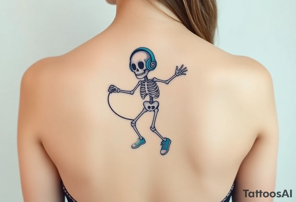 Cute smiling skeleton jumping on a jump rope with blue headphone and blue tennis shoes and blue armbands with nice  music notes on the headphones tattoo idea
