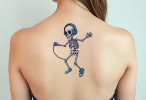 Cute smiling skeleton jumping on a jump rope with blue headphone and blue tennis shoes and blue armbands with nice  music notes on the headphones tattoo idea