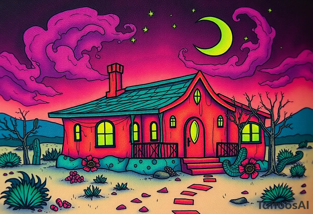 Tim Burton’s haunted desert bungalow is abandoned and dripping with muted reds, dusty pinks, and eerie green glow.purple and cyan smokey clouds swirl in the crescent moonlit sky thats sprinkled with stars tattoo idea tattoo idea