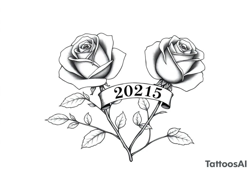 two beautiful large rose buds, one larger than the other, with many leaves next to the rose buds, with one sitting higher than the other. Include a banner connecting the two roses with "2025" on it.   Use dark outlines with little shading. The two stems should be short, not long, and connect and join into one stem, whimsically curved or twisted - not straight down. tattoo idea