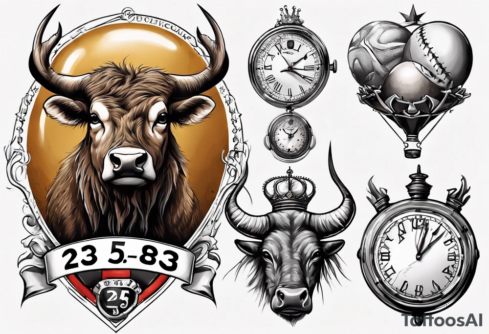 Ballon de foot avec le numéro23,  une horloge avec une couronne,  le tout avec au fond un taureau tattoo idea