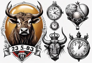 Ballon de foot avec le numéro23,  une horloge avec une couronne,  le tout avec au fond un taureau tattoo idea