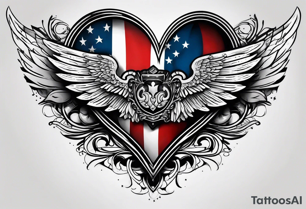 Flag inside of a heart with wings tattoo idea
