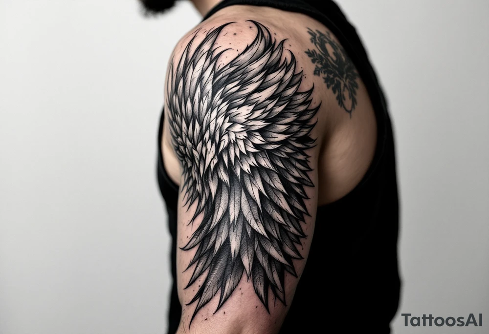 “Dunning” on left arm,details include bold strong font, faint gold highlights, theme of wealth,angel wing tattoo idea