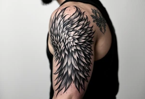 “Dunning” on left arm,details include bold strong font, faint gold highlights, theme of wealth,angel wing tattoo idea