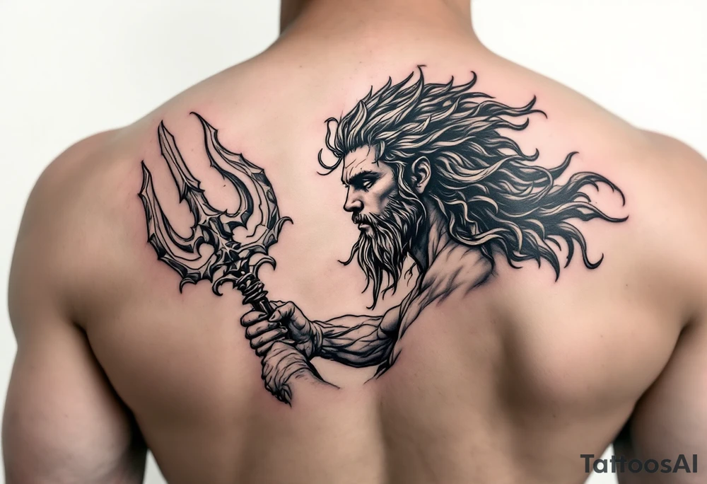 young poseidon, with trident, looking at the horizon tattoo idea