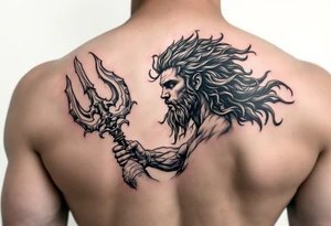 young poseidon, with trident, looking at the horizon tattoo idea